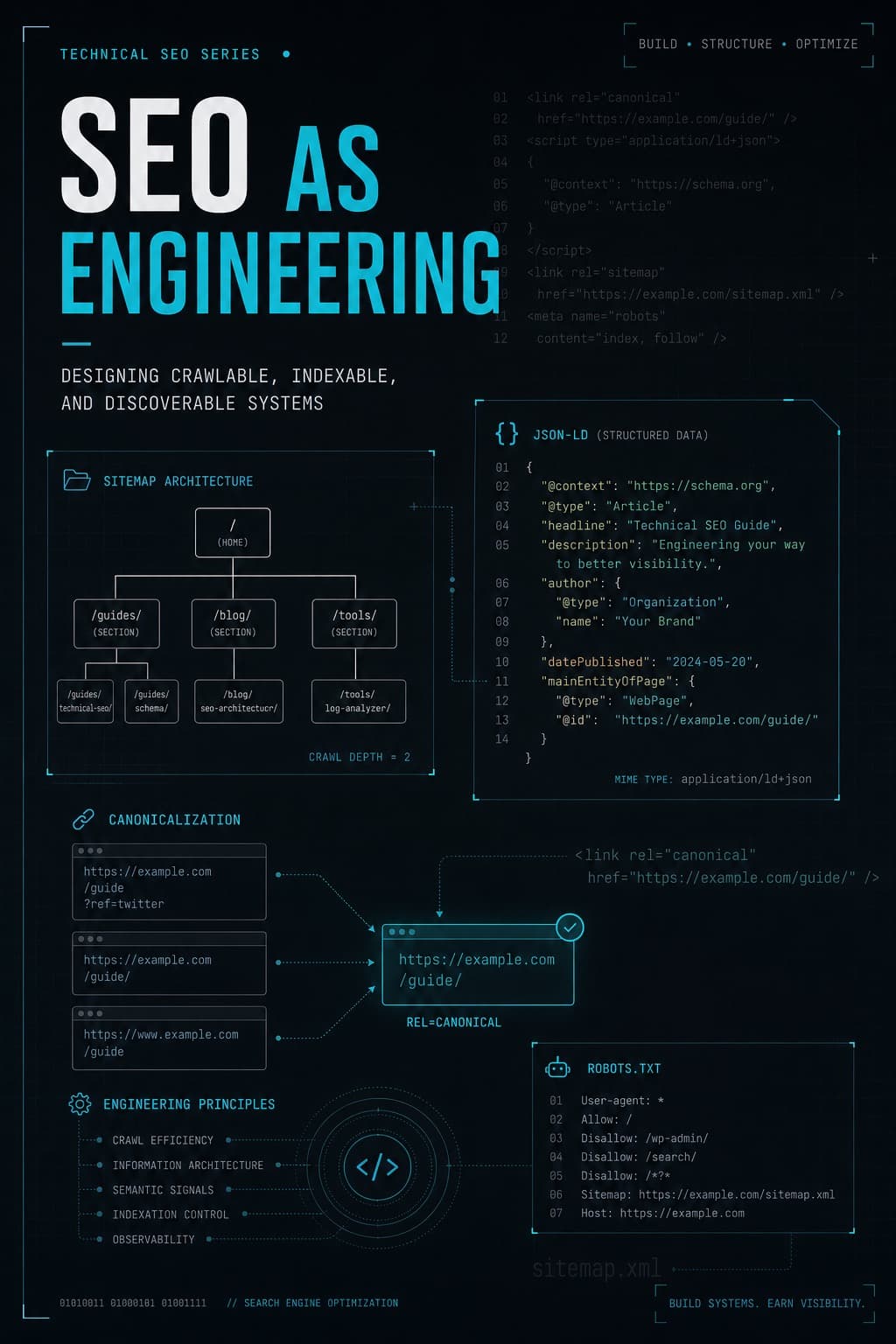 Technical illustration: SEO with canonicals, JSON-LD and sitemap