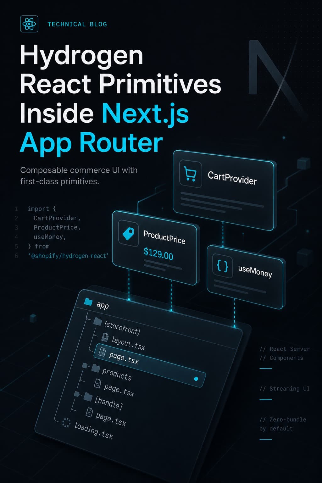Technical illustration: Hydrogen React primitives in the Next.js App Router